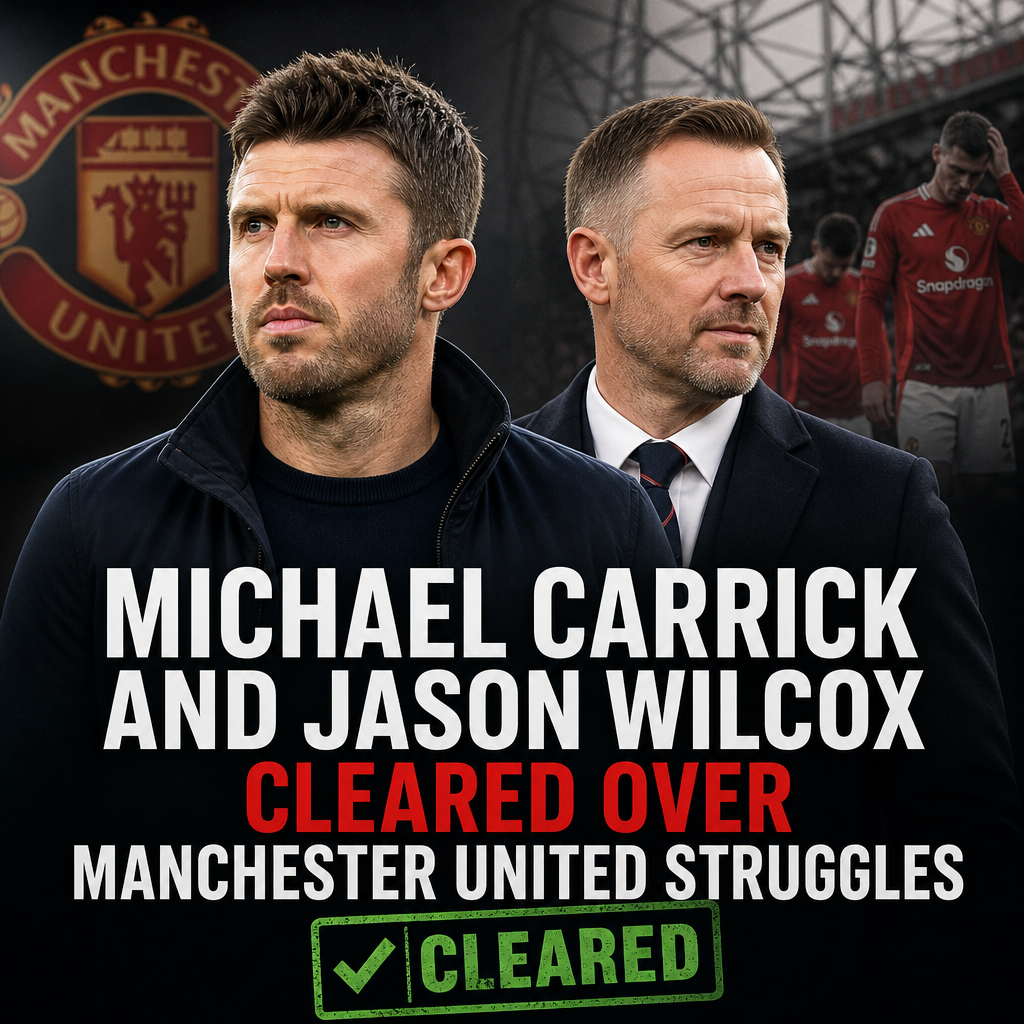 Michael Carrick and Jason Wilcox stand side by side, appearing confident amid Manchester United challenges.