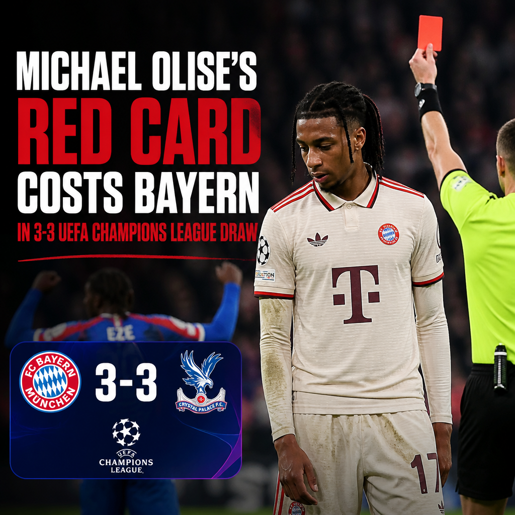 Michael Olise receives a red card as Bayern Munich and Crystal Palace battle in a 3-3 UEFA Champions League match.