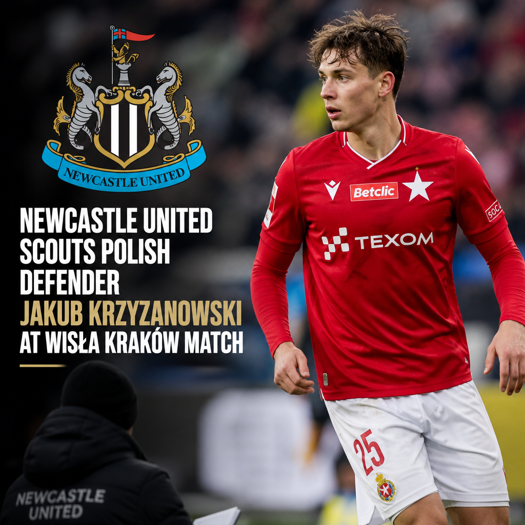 Newcastle United scouts watch Polish defender Jakub Krzyzanowski during a Wisła Kraków football match.