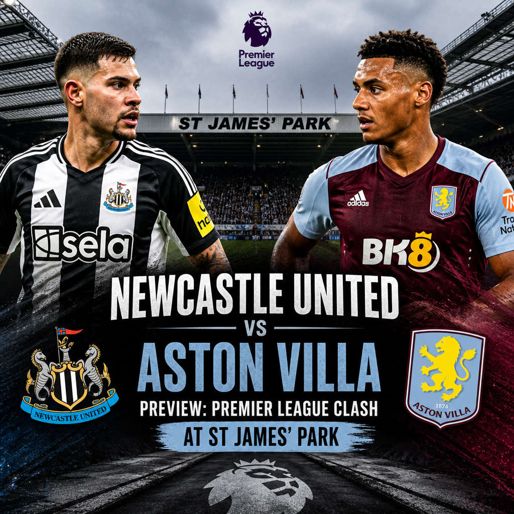 Newcastle United and Aston Villa players contest a Premier League match at St James' Park stadium.