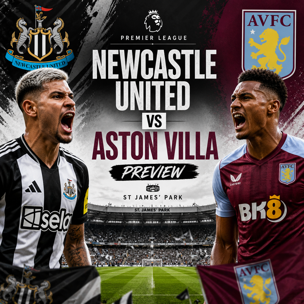 Newcastle United and Aston Villa players lined up on the pitch at St James' Park before a Premier League match.