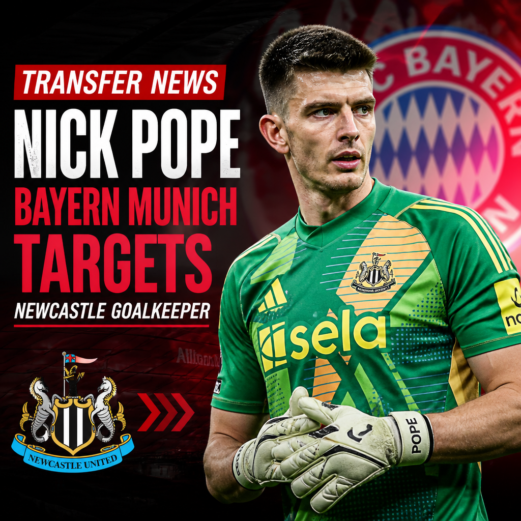 Bayern Munich targets Newcastle goalkeeper Nick Pope in transfer news headline with his photo.