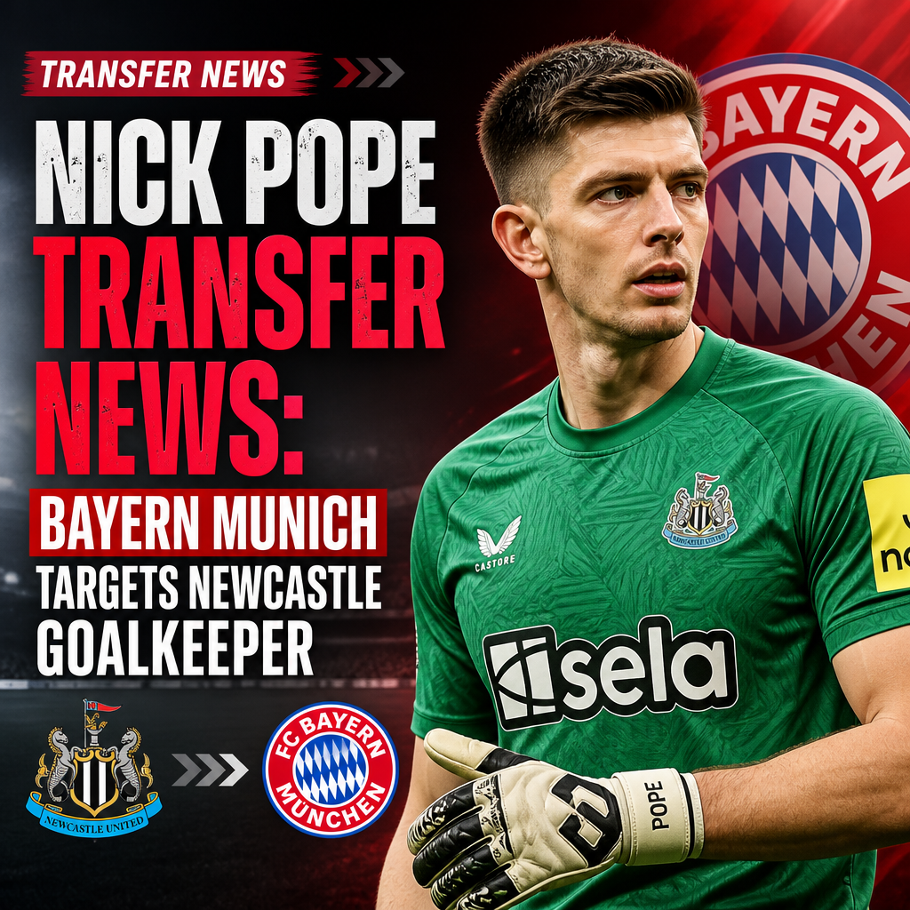 Nick Pope in Newcastle United kit, linked with transfer to Bayern Munich as goalkeeper target.