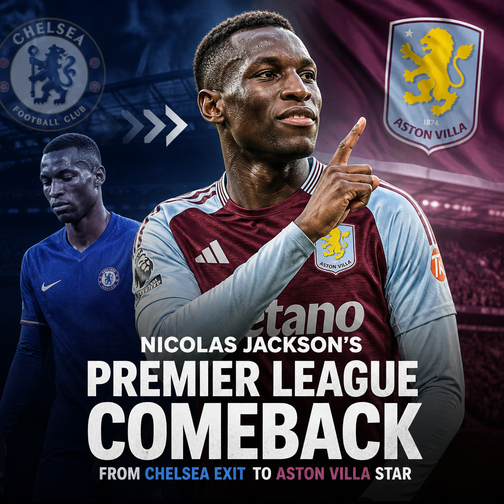 Nicolas Jackson celebrating on the pitch in an Aston Villa jersey during a Premier League match.