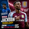 Nicolas Jackson celebrating a goal in an Aston Villa jersey during a Premier League match.