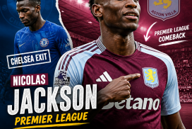 Nicolas Jackson celebrating a goal in an Aston Villa jersey during a Premier League match.