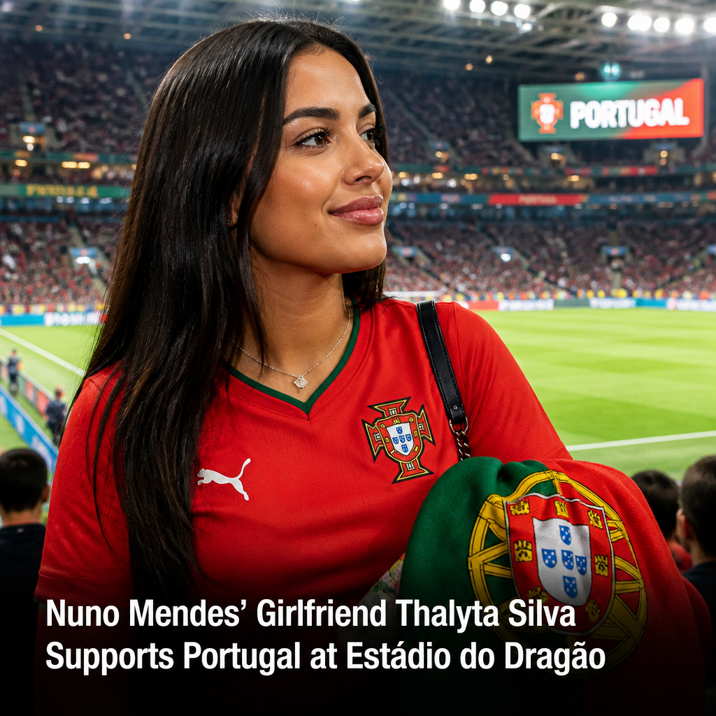 Female fan in Portugal jersey cheering at Estádio do Dragão during a soccer match.