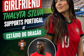 Thalyta Silva, girlfriend of Nuno Mendes, cheers for Portugal at the Estádio do Dragão stadium.