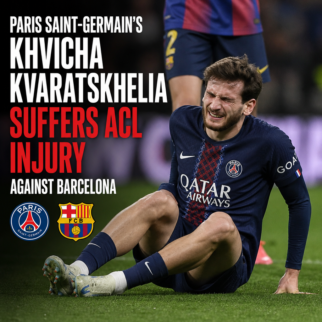 Paris Saint-Germain's Khvicha Kvaratskhelia grimaces in pain clutching his knee during a match against Barcelona.