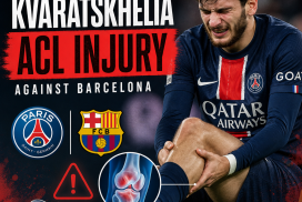 Khvicha Kvaratskhelia clutching his knee in pain during Paris Saint-Germain vs Barcelona soccer match.