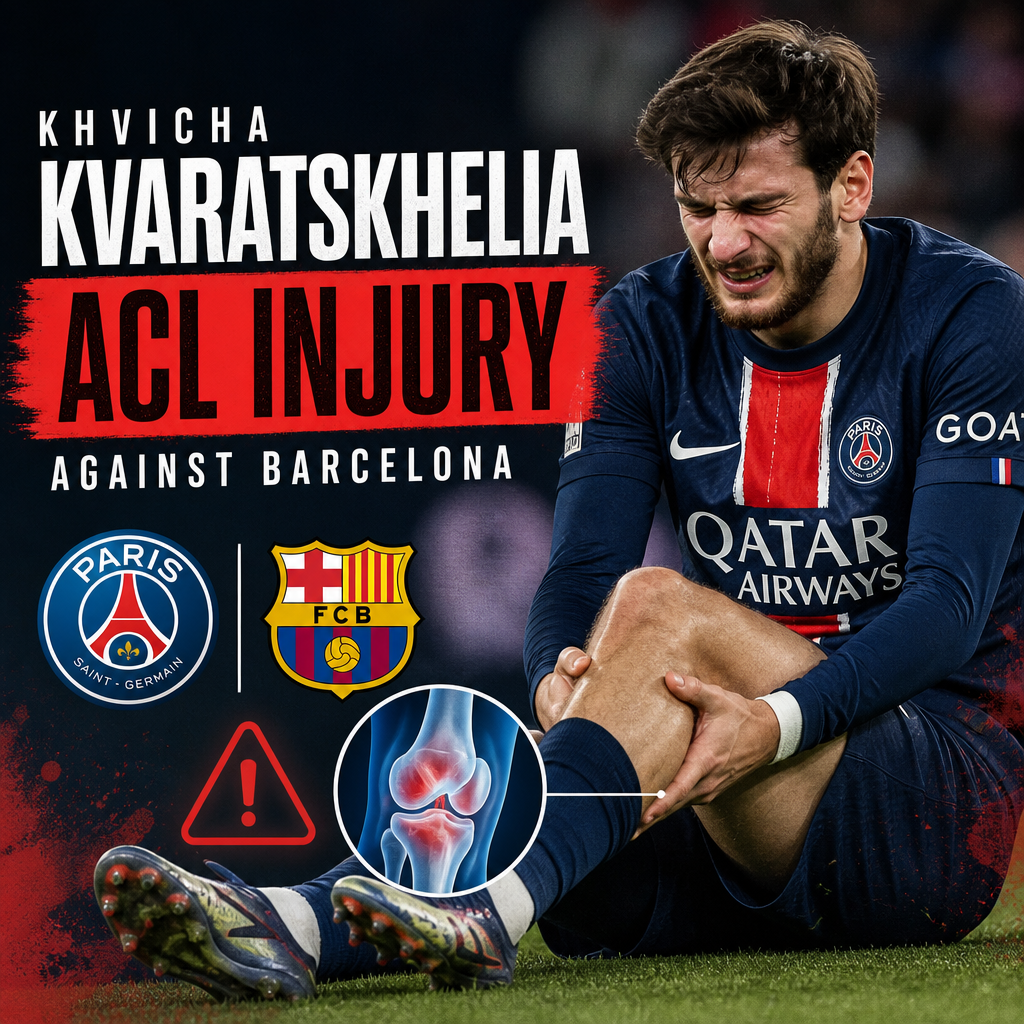 Khvicha Kvaratskhelia clutching his knee in pain during Paris Saint-Germain vs Barcelona soccer match.