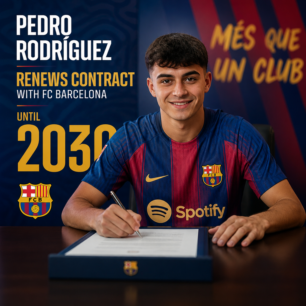Pedro Rodríguez smiling and signing a contract at a table with FC Barcelona logo in the background.