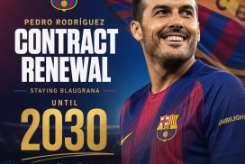 Pedro Rodríguez smiling while signing his contract renewal with FC Barcelona until 2030.