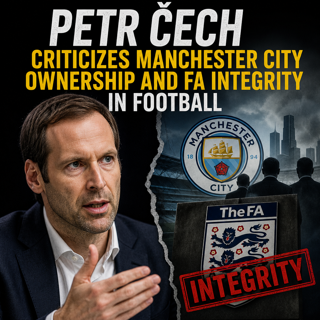 Petr Čech speaking at a press conference, criticizing Manchester City ownership and FA integrity in football.