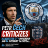 Petr Čech speaking at a press conference, criticizing Manchester City ownership and FA transparency in football.