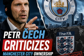 Petr Čech speaking at a press conference, criticizing Manchester City ownership and FA transparency in football.
