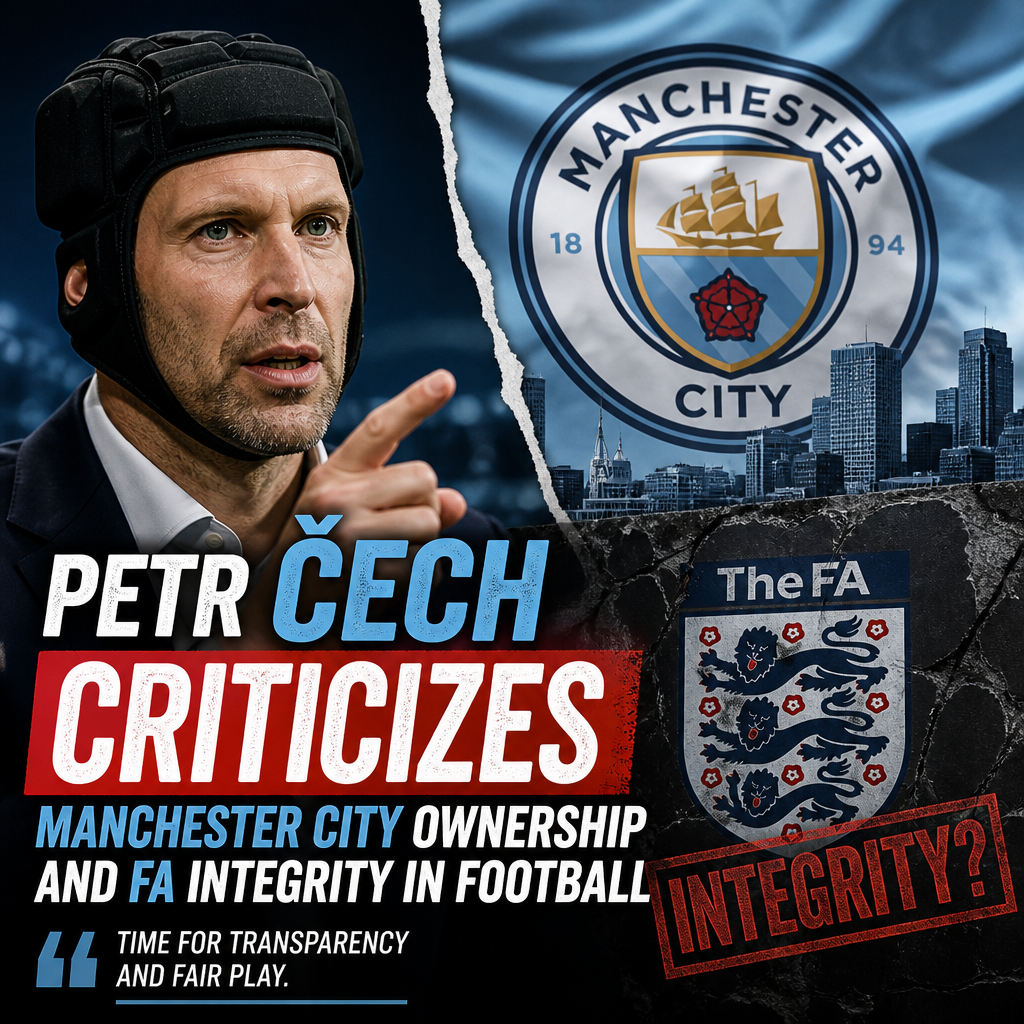 Petr Čech speaking at a press conference, criticizing Manchester City ownership and FA transparency in football.