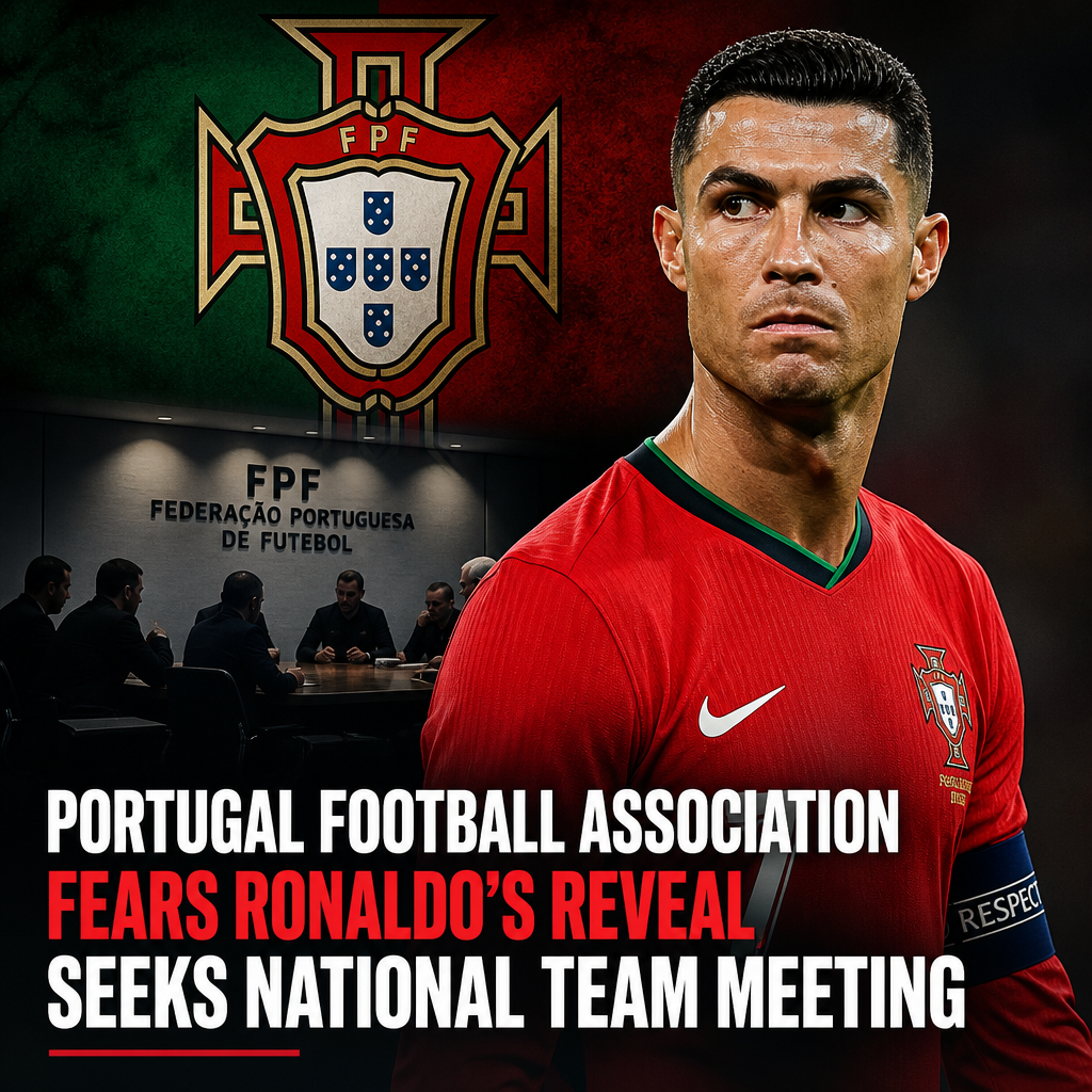 Portugal Football Association members in a meeting room looking serious, concerned about Ronaldo's potential revelations.
