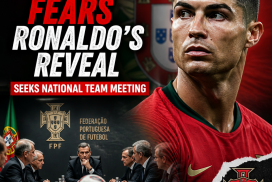 Cristiano Ronaldo speaking at a press conference with the Portugal Football Association logo in the background.