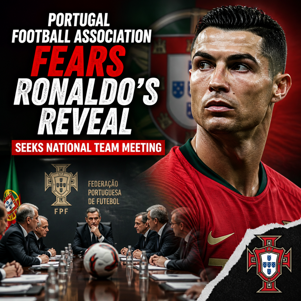 Cristiano Ronaldo speaking at a press conference with the Portugal Football Association logo in the background.