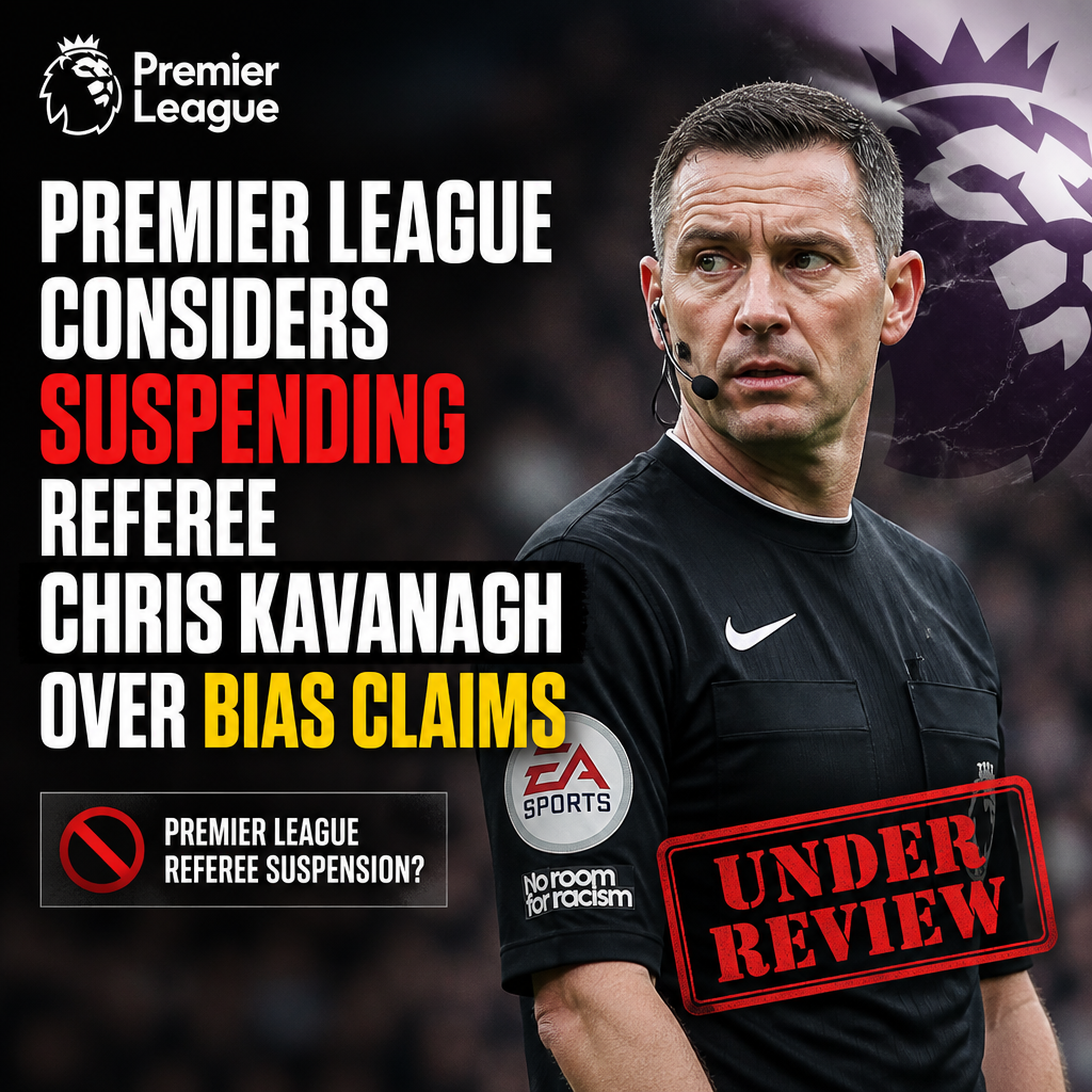 Referee Chris Kavanagh on the pitch, with Premier League logo in the background.