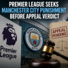 Manchester City logo with blurred Premier League badge in the background, symbolizing ongoing legal and disciplinary issues.