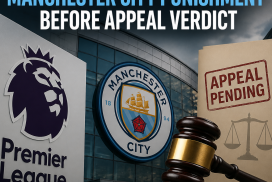 Manchester City logo with blurred Premier League badge in the background, symbolizing ongoing legal and disciplinary issues.