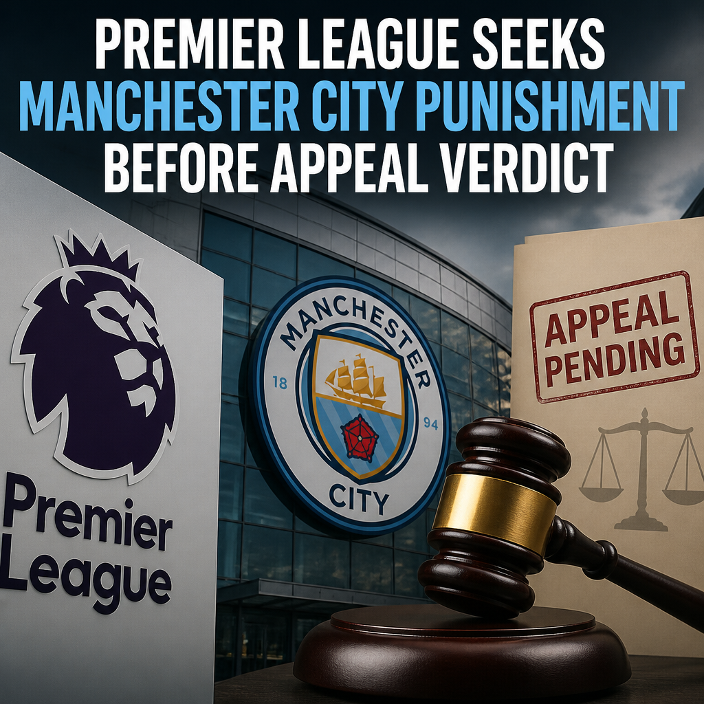 Manchester City logo with blurred Premier League badge in the background, symbolizing ongoing legal and disciplinary issues.
