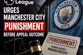 Illustration showing legal documents, a gavel, and Manchester City logo representing Premier League's disciplinary actions.