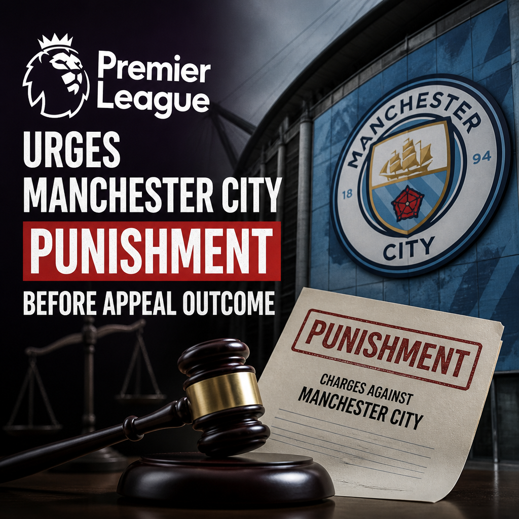 Illustration showing legal documents, a gavel, and Manchester City logo representing Premier League's disciplinary actions.