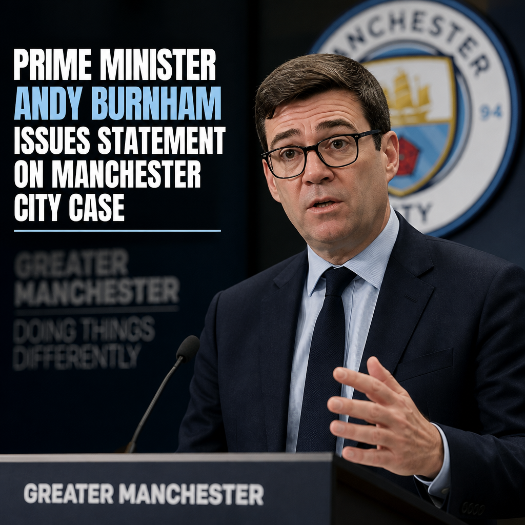 Prime Minister Andy Burnham speaking at a podium during a press statement about Manchester City.