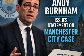 Prime Minister Andy Burnham speaking with official documents and Manchester City emblem in the background.