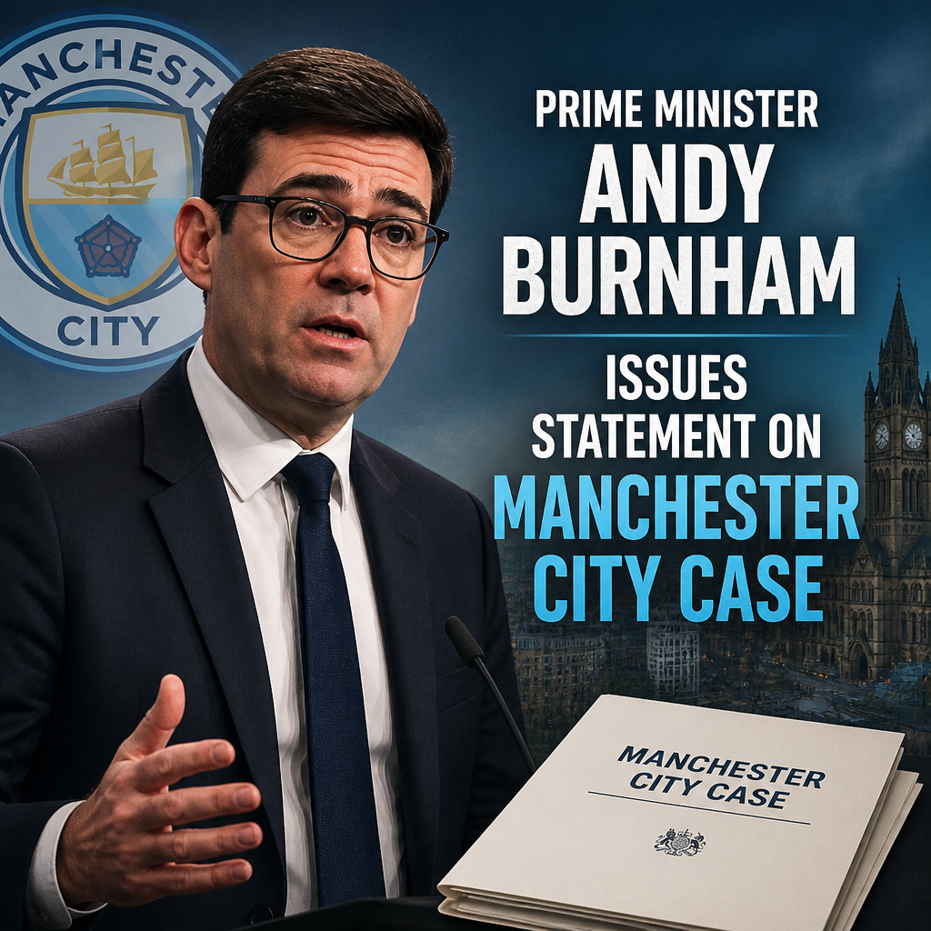 Prime Minister Andy Burnham speaking with official documents and Manchester City emblem in the background.