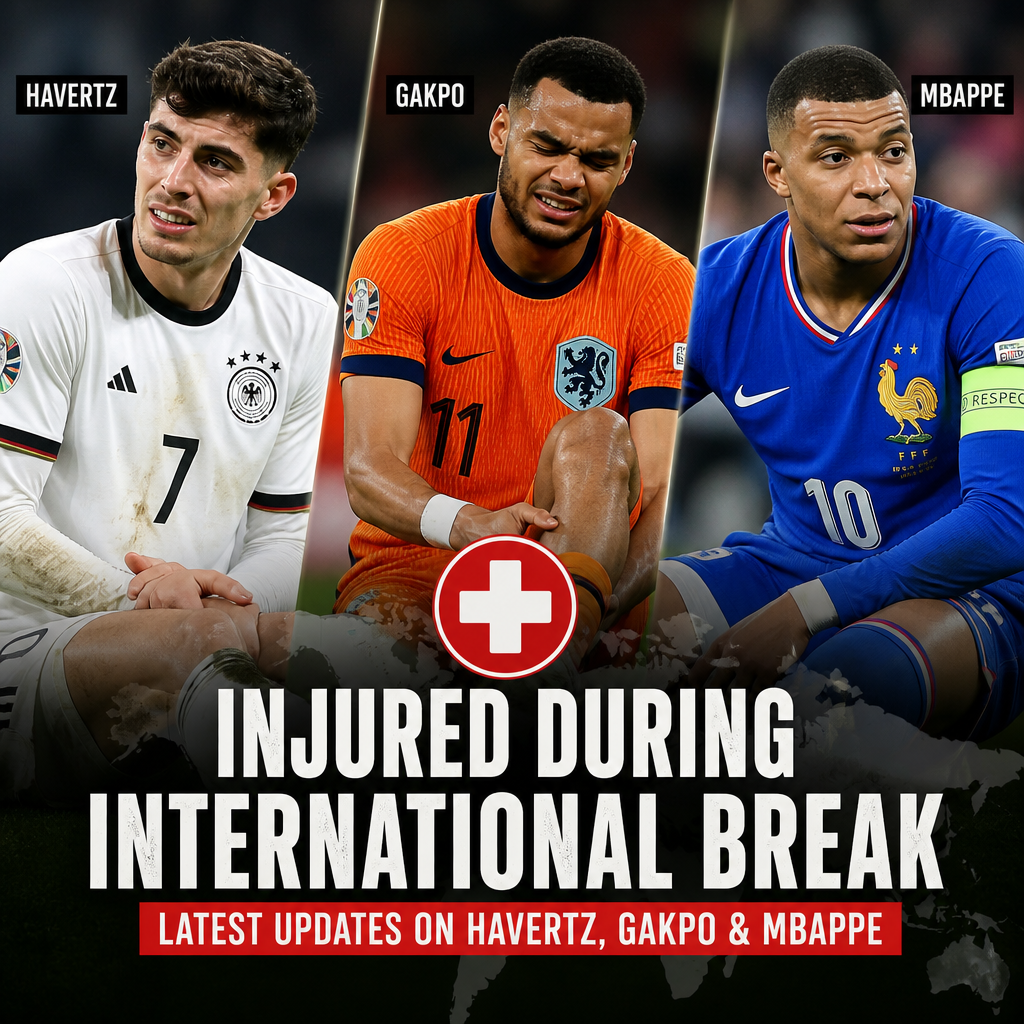 Injured footballers Havertz, Gakpo, and Mbappe shown during the international break updates.