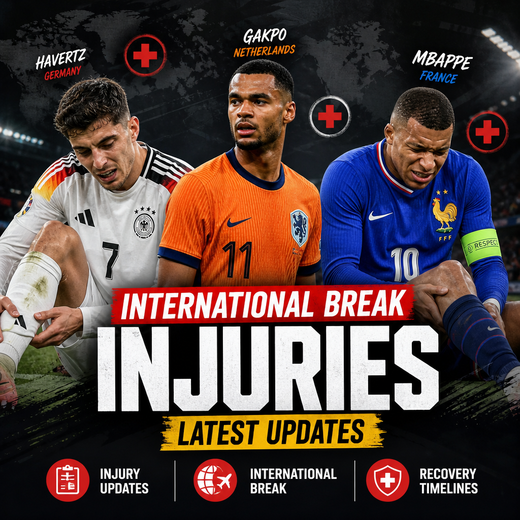 Footballers Havertz, Gakpo, and Mbappe injured during international break with updates on their recovery timelines.