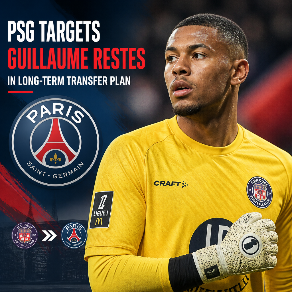 Portrait of French goalkeeper Guillaume Restes in Toulouse FC jersey, linked to PSG's long-term transfer plans.