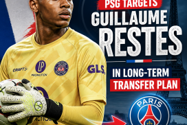 Portrait of young French goalkeeper Guillaume Restes in his football kit, focused during a match.