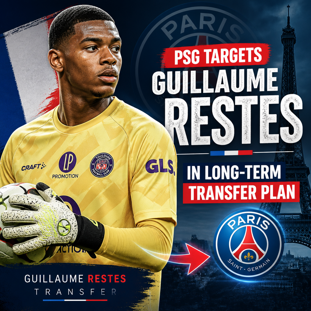 Portrait of young French goalkeeper Guillaume Restes in his football kit, focused during a match.