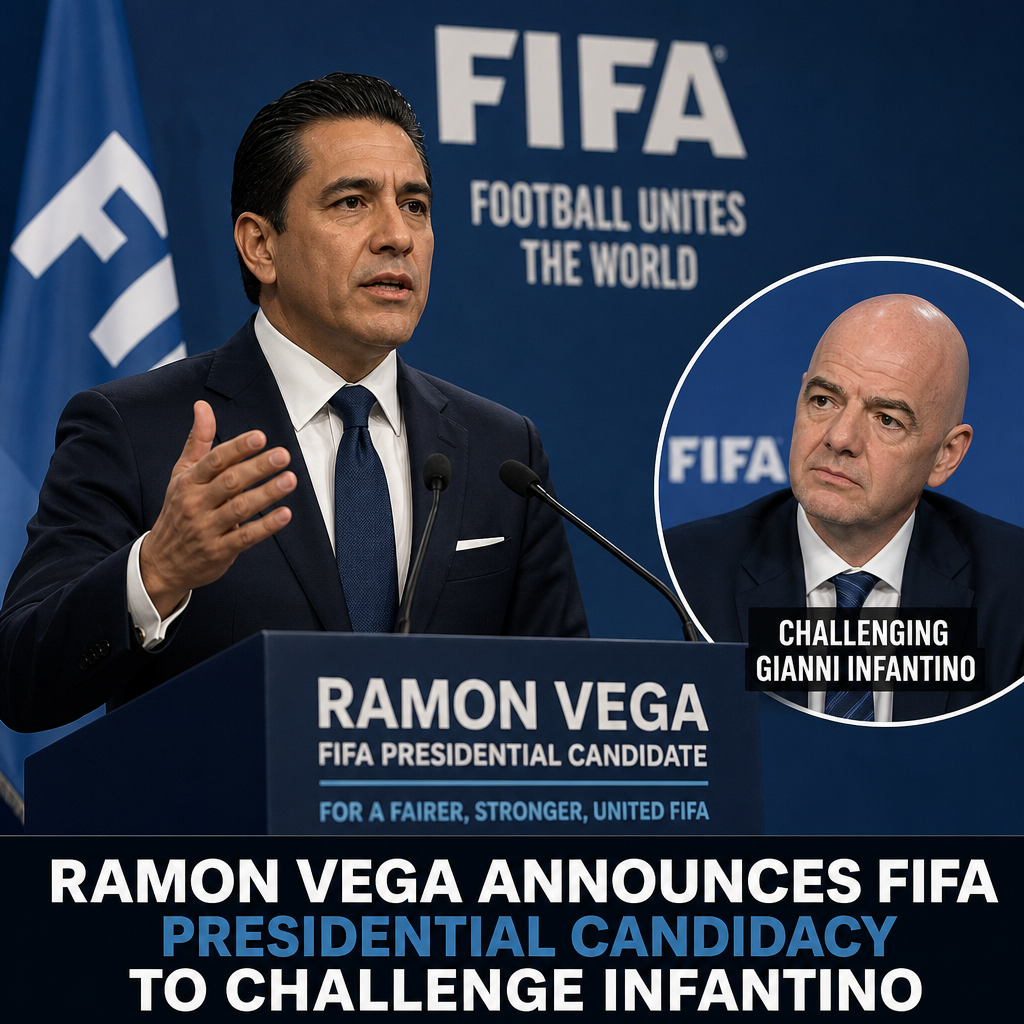 Ramon Vega speaking at a podium, announcing his FIFA presidential candidacy with a microphone and backdrop.