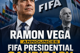 Ramon Vega speaking at a podium, announcing his candidacy for FIFA president, with the FIFA logo in the background.