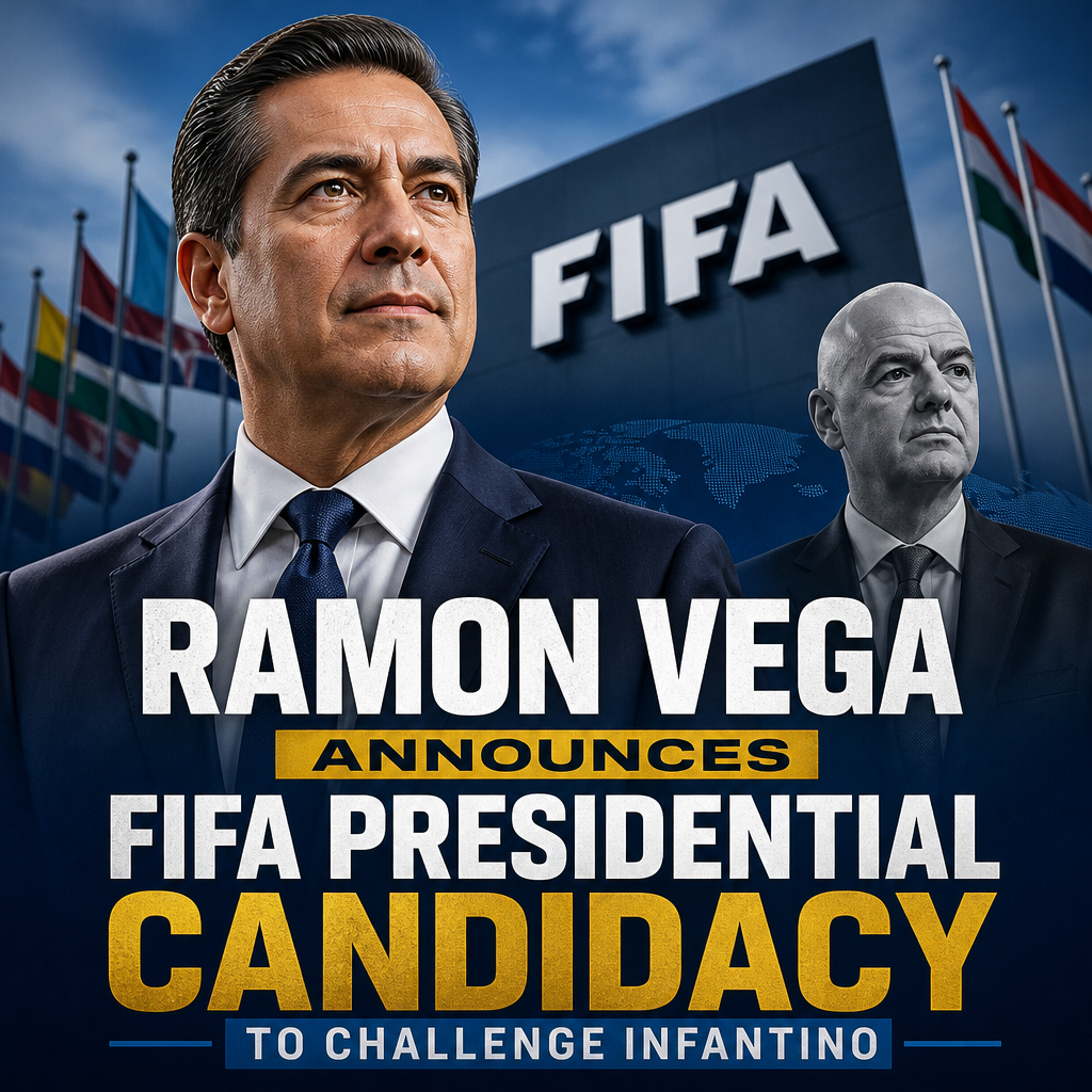 Ramon Vega speaking at a podium, announcing his candidacy for FIFA president, with the FIFA logo in the background.