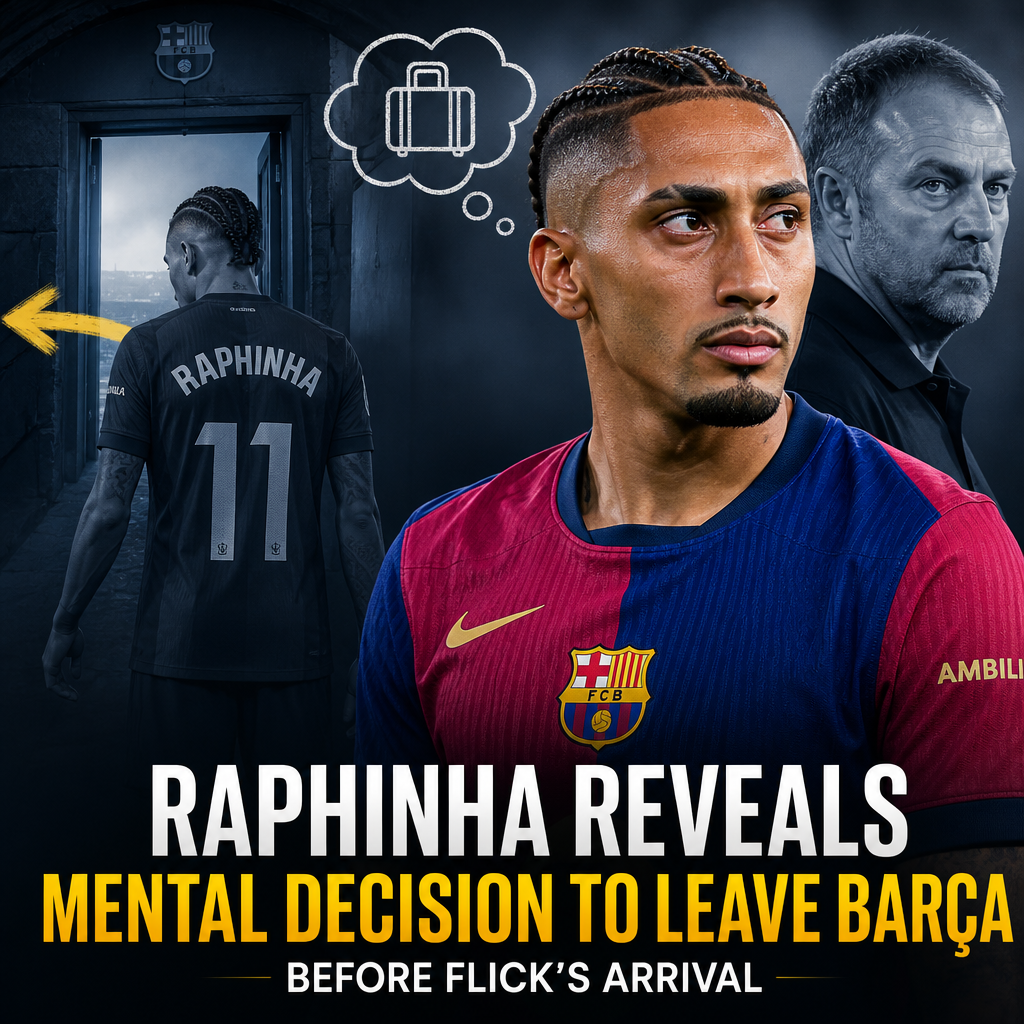 Raphinha in FC Barcelona kit during a press conference, explaining his decision to leave before coach Flick's arrival.