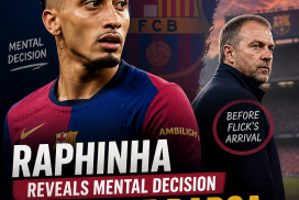 Raphinha speaking to the media, sharing his reasons for leaving FC Barcelona before coach Flick arrived.