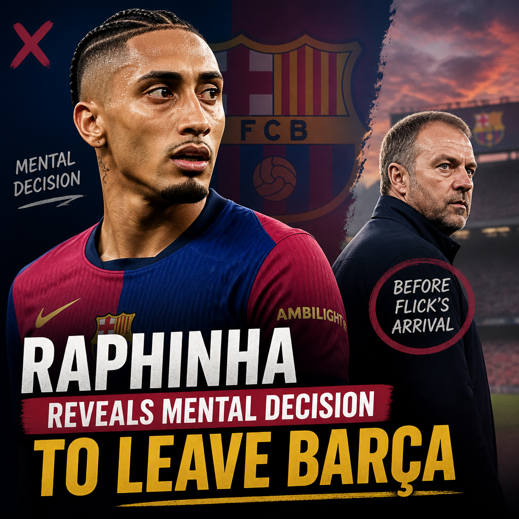 Raphinha speaking to the media, sharing his reasons for leaving FC Barcelona before coach Flick arrived.
