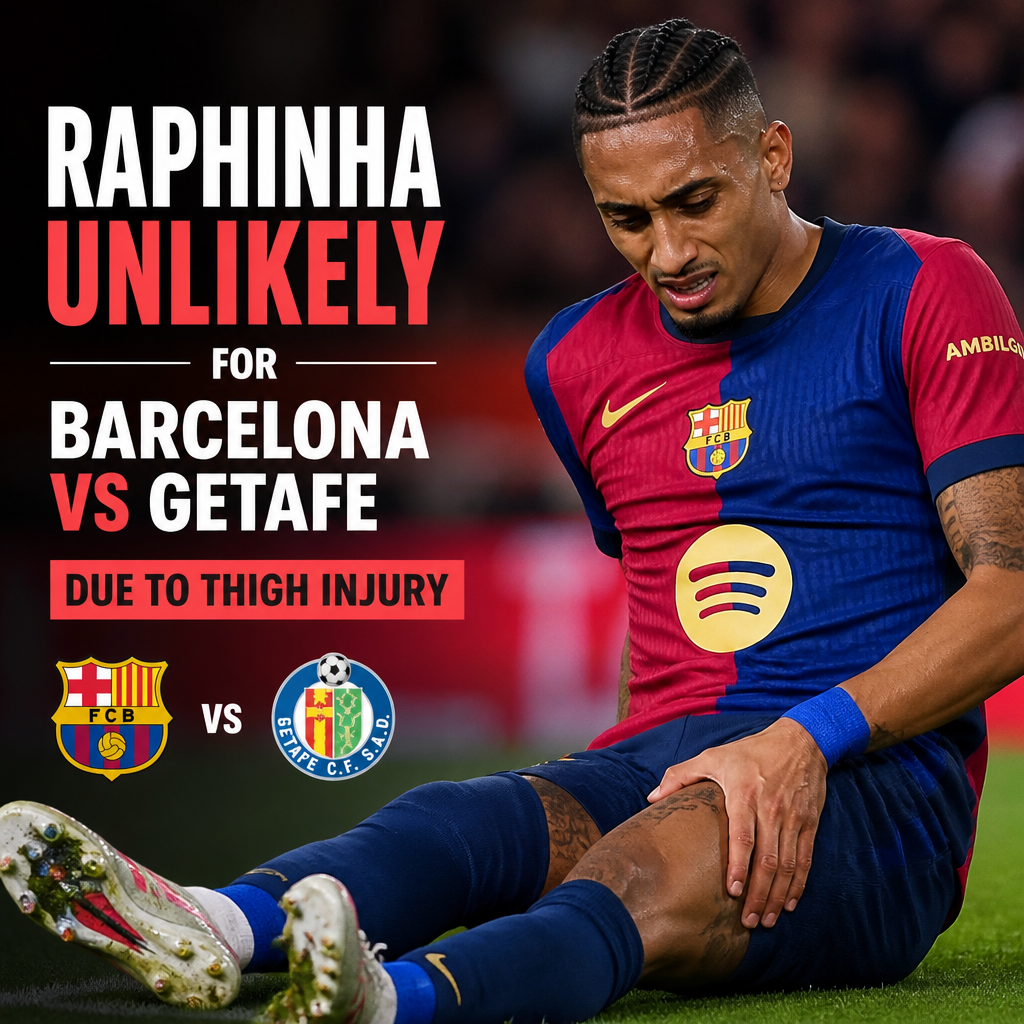 Barcelona player Raphinha holds his thigh, looking concerned, likely out for match against Getafe due to injury.