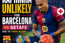 Barcelona player Raphinha sitting on the sidelines, injured and holding his thigh during a match.
