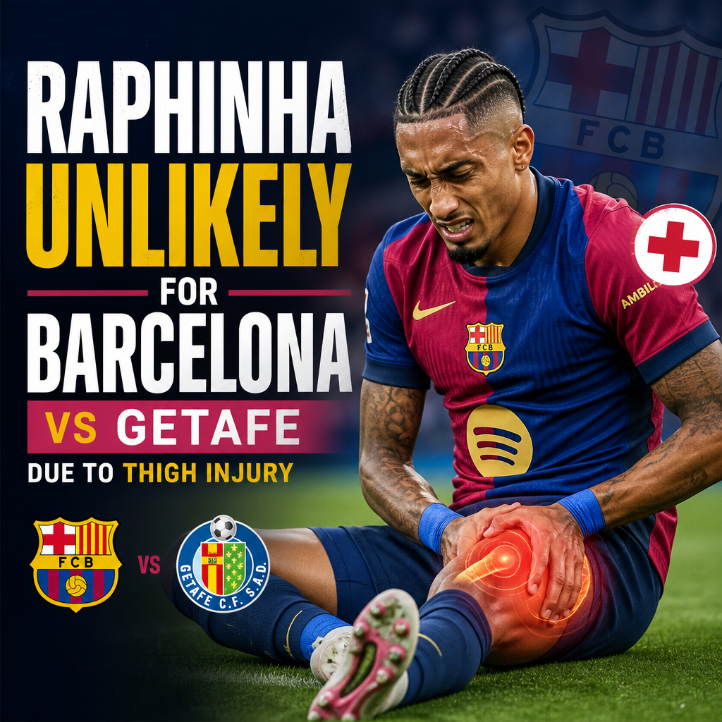 Barcelona player Raphinha sitting on the sidelines, injured and holding his thigh during a match.