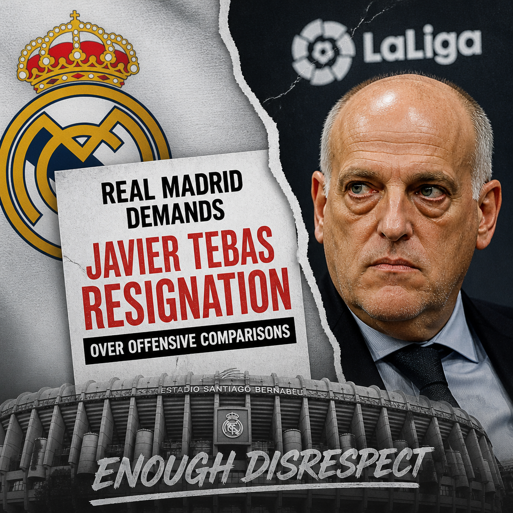 Real Madrid fans protest outside Santiago Bernabeu demanding Javier Tebas' resignation with LaLiga logo in background.