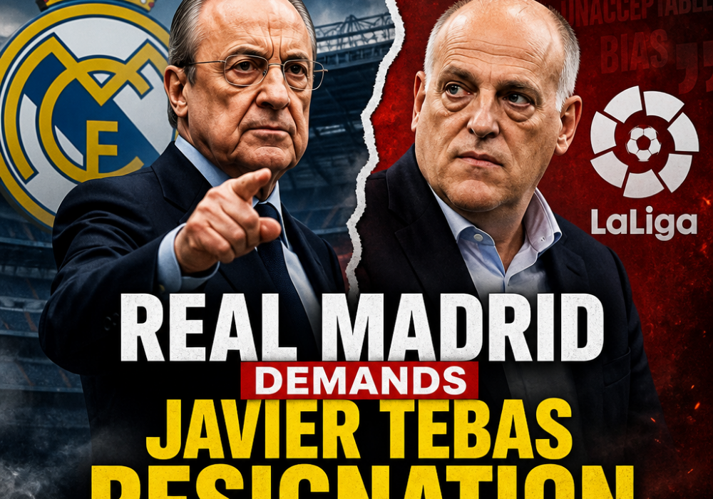 Protesters outside a stadium with banners demanding Javier Tebas's resignation from La Liga leadership.
