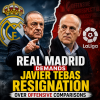 Protesters outside a stadium with banners demanding Javier Tebas's resignation from La Liga leadership.